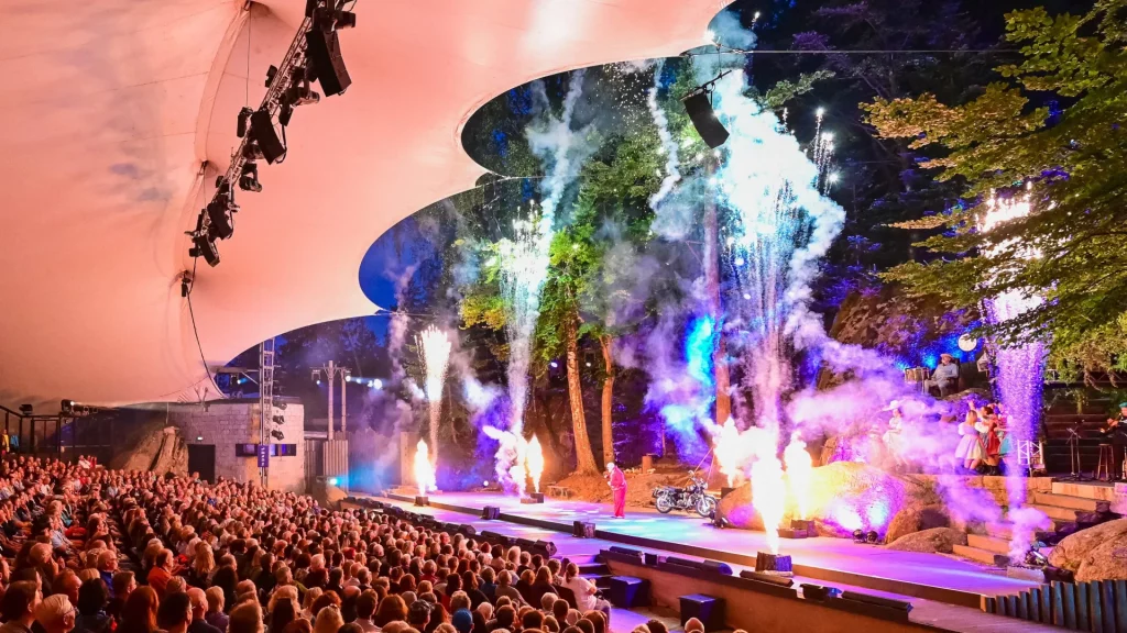 Links sieht man Publikum. Rechts steht ein Mann auf der Bühne, um ihn herum sind Bäume und dazwischen explodiert Feuerwerk.